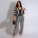 Women's clothing sexy ladies V-neck hollow striped lapel knitted wide pants suit_desvips.com