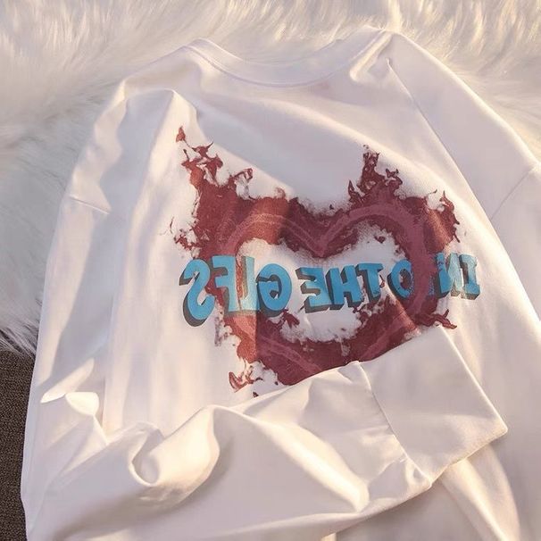 100% Pure Cotton Niche Heart Design Long Sleeve T-Shirt Unisex Trendy Loose Casual Sweatshirt Couple Style Top_desvips.com