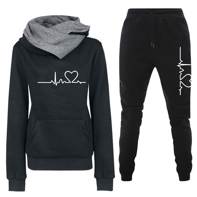 Women's Clothing Women's sweater suit, hoodie, two piece set, electrocardiogram, love map, trendy new style, women's trousers, long sleeves_desvips.com