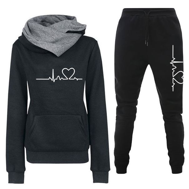 Women's Clothing Women's sweater suit, hoodie, two piece set, electrocardiogram, love map, trendy new style, women's trousers, long sleeves_desvips.com