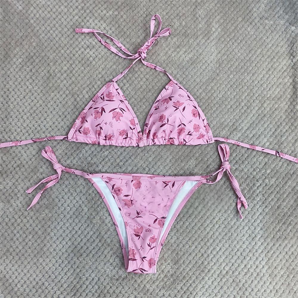 Rose Red Printed Strap Three-Piece Bikini Surfing Swimsuit For Women Hot Girl Sanya Vacation Swimwear_desvips.com