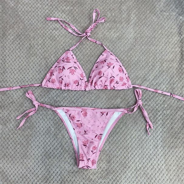 Rose Red Printed Strap Three-Piece Bikini Surfing Swimsuit For Women Hot Girl Sanya Vacation Swimwear_desvips.com