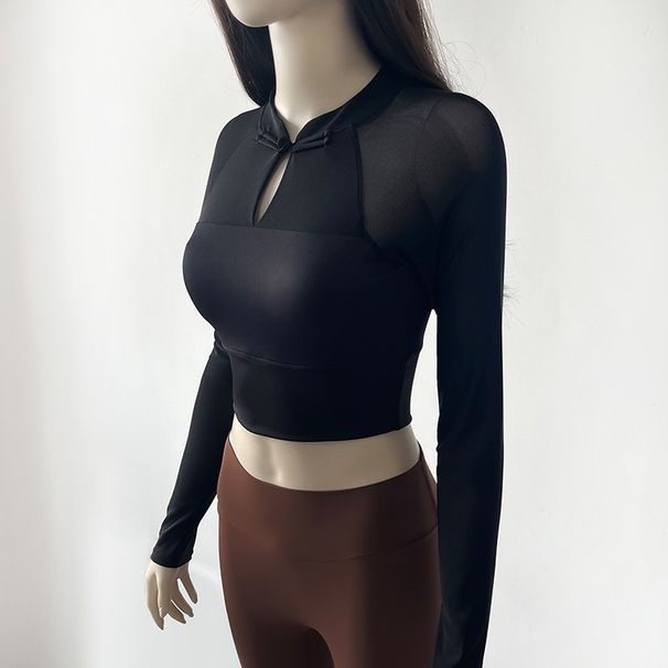 National Style Plate Buckle Yoga Top Long Sleeve Women New With Chest Pad Sports Shirt Mesh Breathable Fitness Clothing_desvips.com