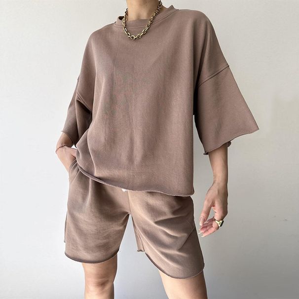 Women's casual suits for women half-sleeved round neck loose short-sleeved drawstring shorts two-piece suit_desvips.com
