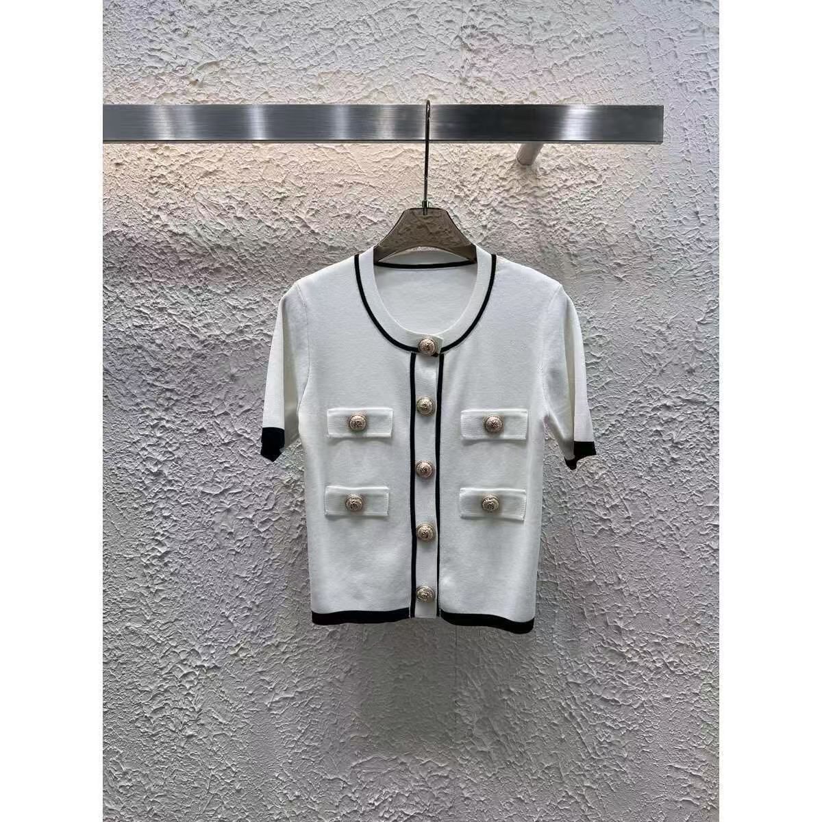 Baman Button Thin Elegant Cardigan Small Fragrance Summer Sleeve French Knit Color Block New Short Top_desvips.com