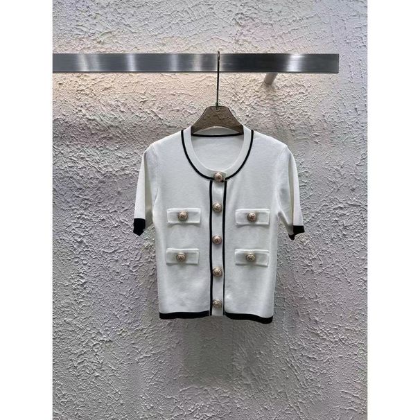 Baman Button Thin Elegant Cardigan Small Fragrance Summer Sleeve French Knit Color Block New Short Top_desvips.com
