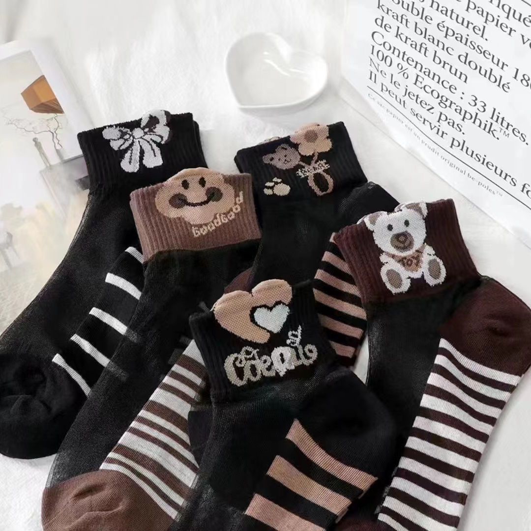 Stockings Short Versatile Breathable Spring Summer Cotton Sole Socks Durable Transparent Crystal Thin Cute Striped Bear_desvips.com