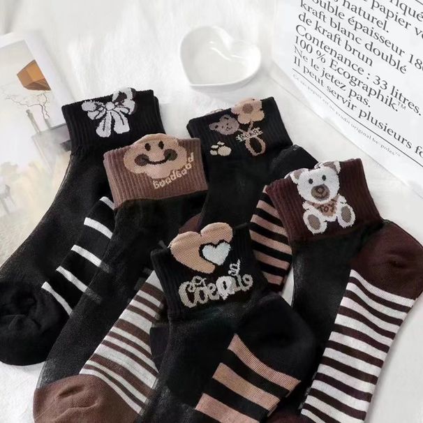 Stockings Short Versatile Breathable Spring Summer Cotton Sole Socks Durable Transparent Crystal Thin Cute Striped Bear_desvips.com