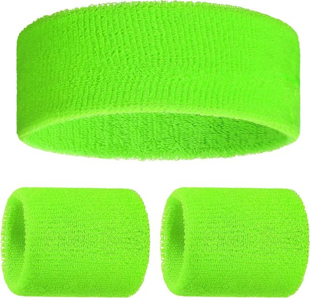 3Pcs Sweatbands Set, Neon Green Headband And Wristband, Elastic Sports Sweat Band Soccer Running Tennis Basketball, 80s_desvips.com
