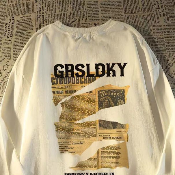 100% Cotton American Hip Hop Trendy Brand Newspaper Print Long Sleeve T-Shirt For Women Men Spring And Autumn_desvips.com