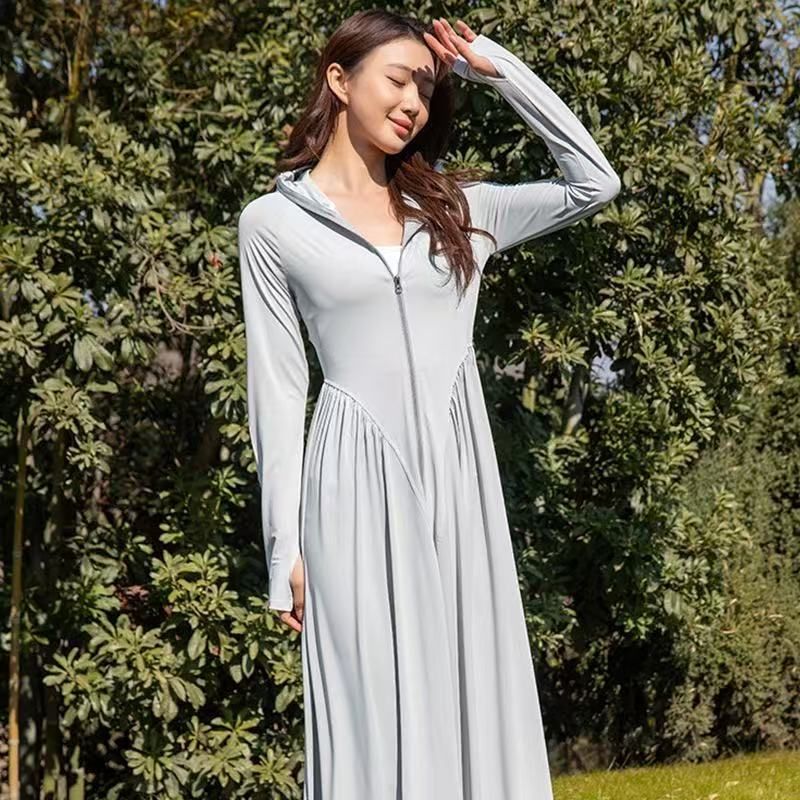 Women's Full-Length UPF50+ Sun Protection Coat - Ice Silk Lightweight Jacket With Detachable Hood & Waist Tie Summer Slim Fit UV Blocking Cover-Up_desvips.com