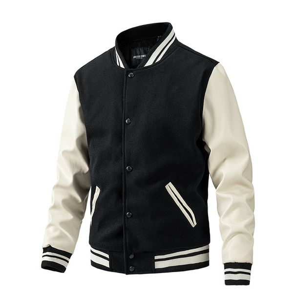 Cross-Border Men Autumn Winter Fashion American Baseball Jacket Wool PU Sleeve Coat Casual Foreign Trade Men's Clothing_desvips.com