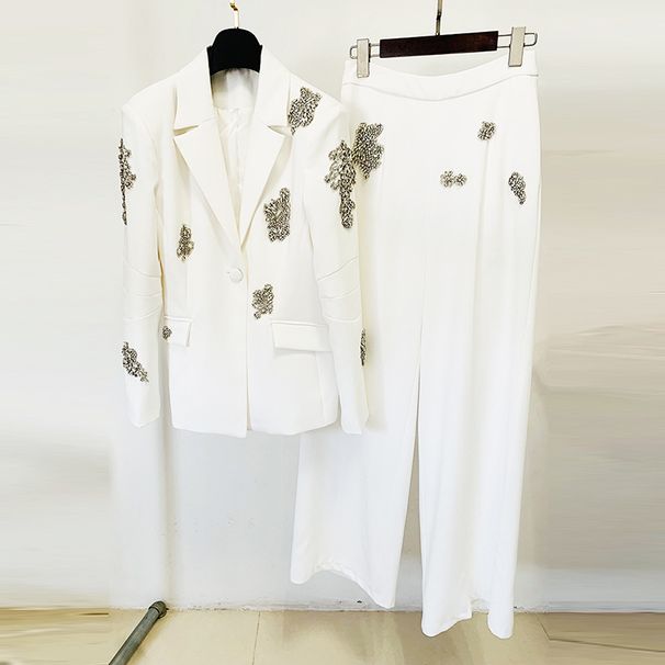 Women's clothing fashion new heavy beaded diamond one-button suit jacket wide-leg pants suit two pieces_desvips.com