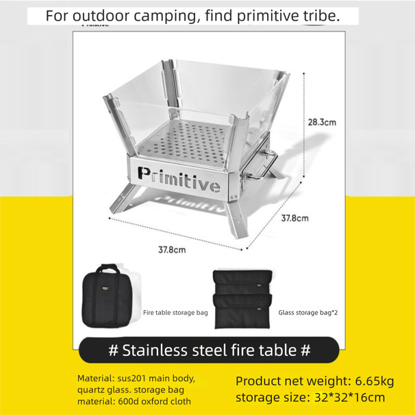 Outdoor Camping Dance Fire Pit Stainless Steel Quartz Explosion-Proof Glass Firewood Stove Portable Folding Campfire_desvips.com