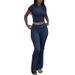 Hot Sale Casual Workout Women's Two Piece Set Round Neck T-shirt Low Waist Flare Pants Tracksuit Outfit_desvips.com