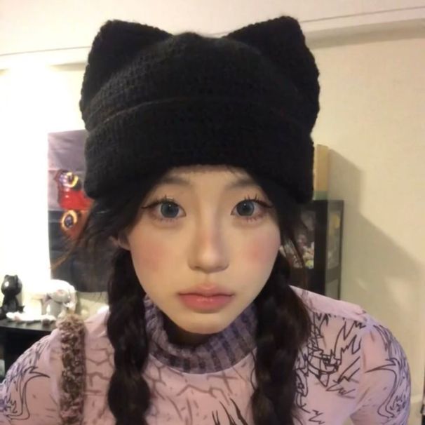 Cute Cat Ear Knitted For Women, Autumn And Winter Korean Style, Face Slimming, Versatile Black Knit Hat, Large Head_desvips.com