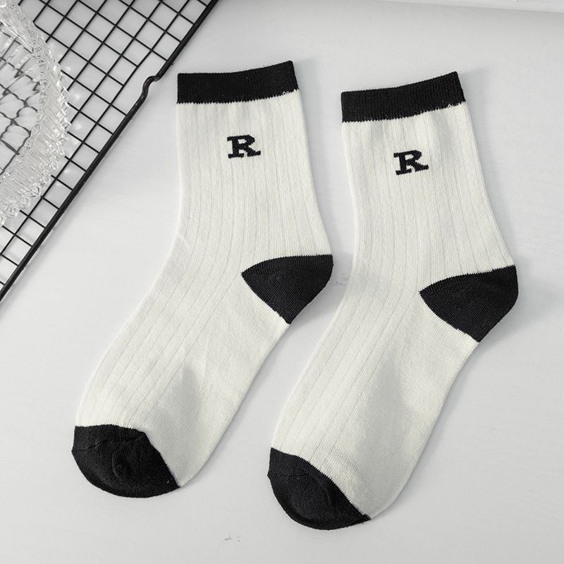 Spring Autumn Striped Mid-calf Socks, Black And White Women, Ins With Letters, Versatile High-waisted Sports Socks For_desvips.com