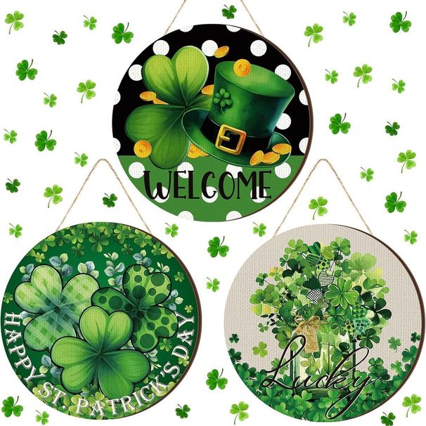 St. Patrick's Day Clover Decorative Pattern Gardening Creative Hanging Sign With Hook And String For Living Room_desvips.com