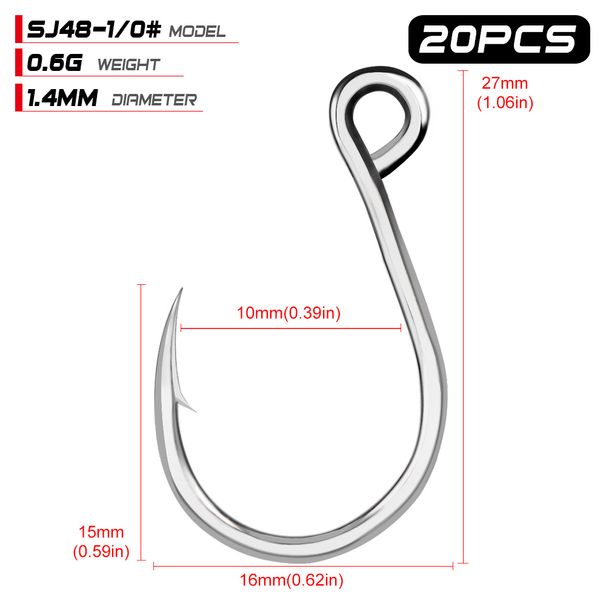 PROBEROS 20pcs 2#-4#-6#-1/0-11/0 High Carbon Steel Jigging Hook Jig Big Fishing Hook Saltwater Large Eye Fish Hook_desvips.com